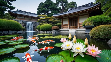 A serene japanese garden with koi pond, waterfall, water lilies and traditional architecture view scene