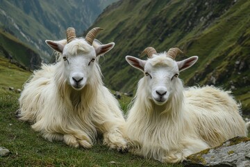 Obraz premium Himalayan Pashmina wool goats resting on lush highland pasture in the mountains, Himalayan Pashmina wool goats on highland pasture
