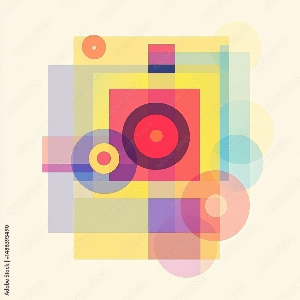 Poster dynamic interplay of circles and squares in minimal abstract design featuring soft gradients and emo
