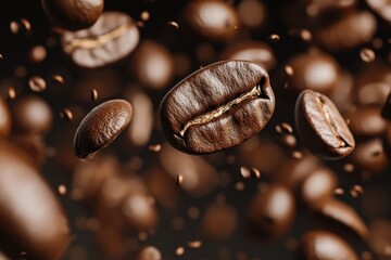 Fototapeta premium Coffee beans falling in close up showcasing rich texture and vibrant color, Coffee beans are falling close-up