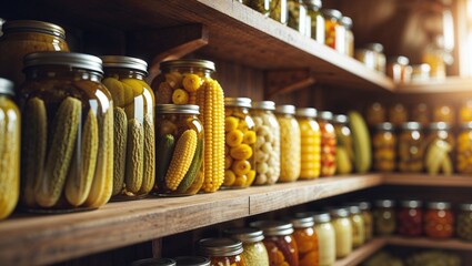 Shelves filled with jars of pickled vegetables and fruits in a well stocked pantry storage area