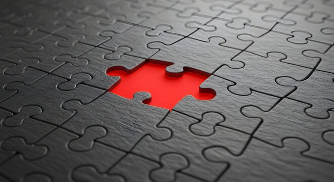 Close up of a black jigsaw puzzle with a missing red piece