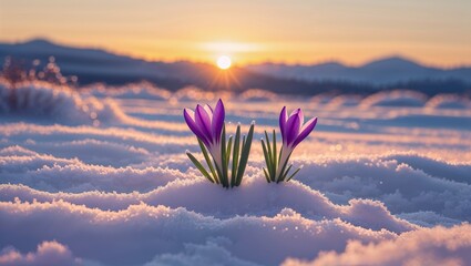 Two purple crocus flowers in snow at sunset with mountains in the background in soft focus view