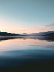 Fototapeta premium Serene Morning Reflection on Calm Water with Soft Colors of Dawn and Gentle Mountain Silhouettes Under a Clear Sky