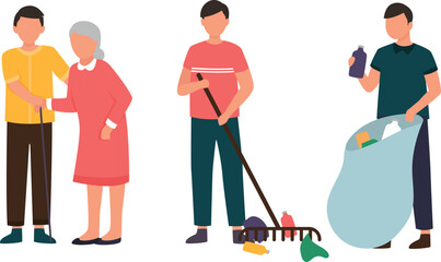 Cartoon vector illustration of a man and woman with character and profession elements