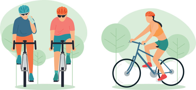 Man and woman riding bicycles in a fun cartoon-style illustration