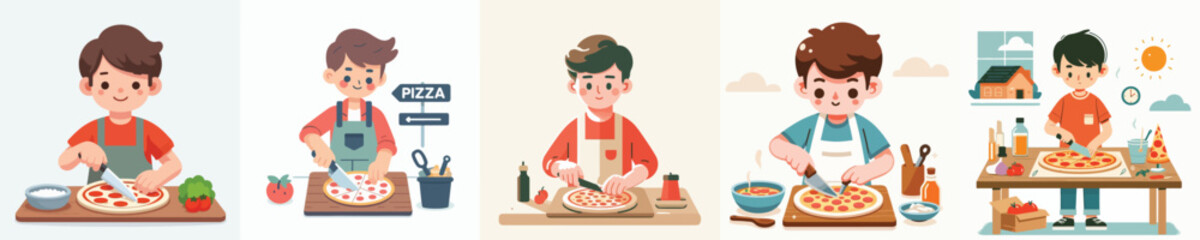 vector set of boys cutting pizza