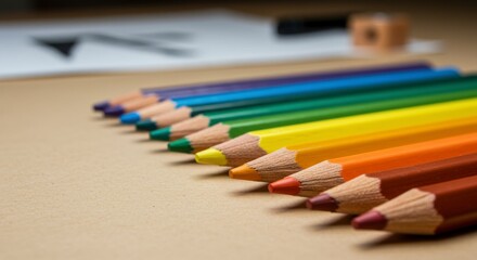 Fototapeta premium Colored Pencils Arranged in a Row on a Table