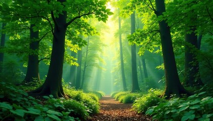 Obraz premium Serene forest background, lush green canopy, dappled sunlight filtering through leaves , outdoors, natural, serene