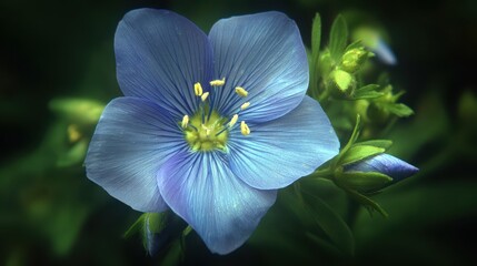 Close-up view of a vibrant blue flower in a garden setting.