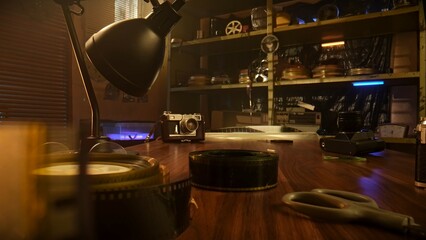 Vintage Film Editing Room with Classic Camera and Equipment