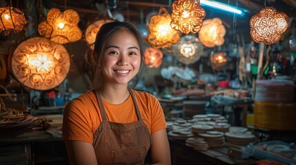 Obraz premium A smiling woman in a workshop surrounded by decorative lamps.