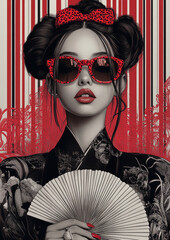 Stylish woman with red accents, elegant outfit, and retro feel