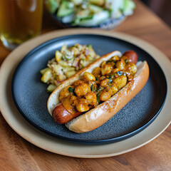 A gourmet hot dog topped with beans, alongside salad and drink