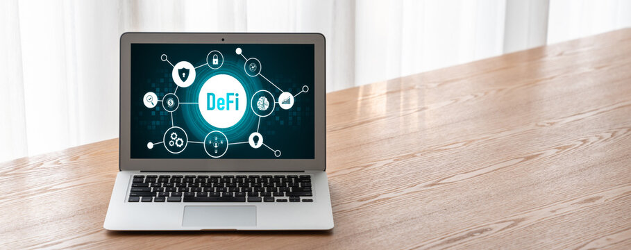 Decentralized finance or DeFi concept on modish computer screen . The defi system give new choice of investment and money saving .