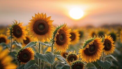 A field of sunflowers in full bloom under a bright sun during the golden hour of the afternoon