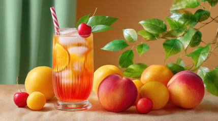 Refreshing summer cocktail with fruit, ice, and a striped straw