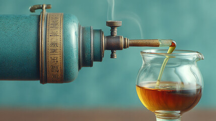 Antique brewing vessel pours liquid into a clear glass, steam rising