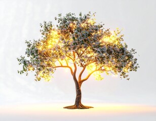Obraz premium Glowing Tree Illuminated With Golden Light Radiating Through Leaves on Bright Background