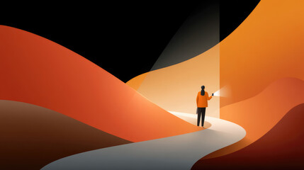 A person navigates a path illuminated by a flashlight, orange landscape