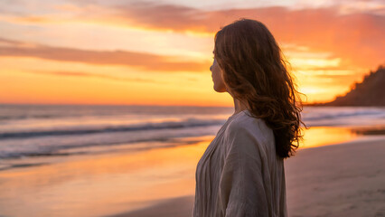 Fototapeta premium Woman Gazing at a Tranquil Sunset by the Ocean Shoreline in Soft Evening Light
