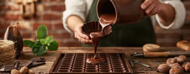 Pouring rich chocolate into molds, crafting sweet treats, detailed kitchen scene