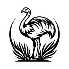Emu Silhouette Amidst Grass, Black and White Illustration, Wildlife Icon, Australian Bird