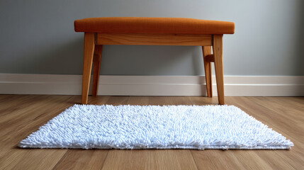Orange bench and white rug on hardwood floor against pale blue wall