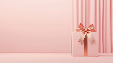 Pastel-hued scene with a gift box, ribbon, and draping. Soft lighting and minimalist design