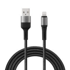 Black cable for charging and synchronization with USB and Lightning connectors on a white isolated background close-up