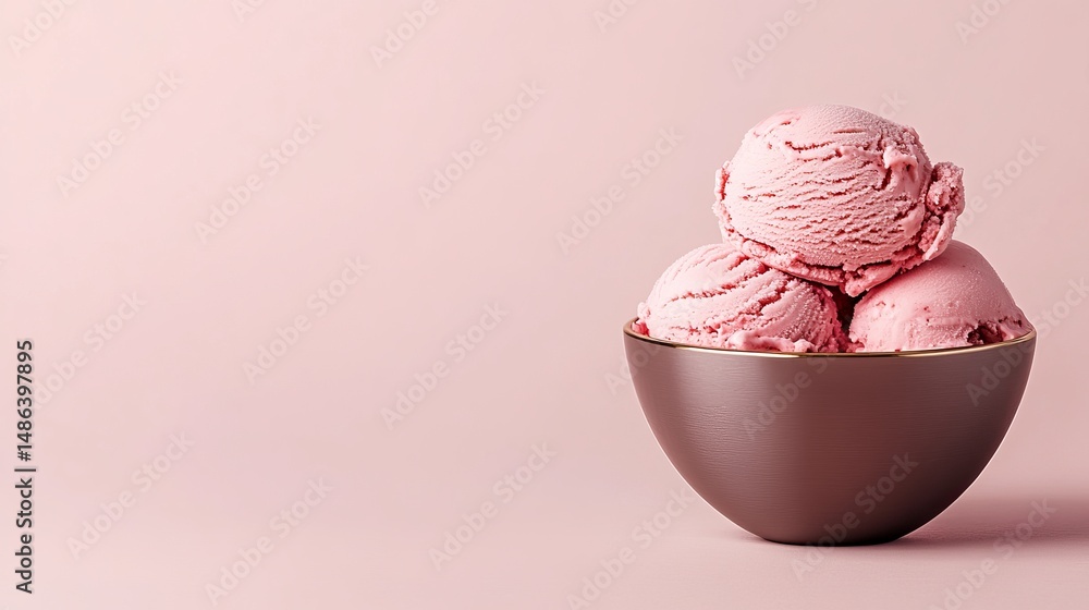 Poster ice cream scoops are stacked in a dark bowl against a solid pink backdrop creating a simple studio f