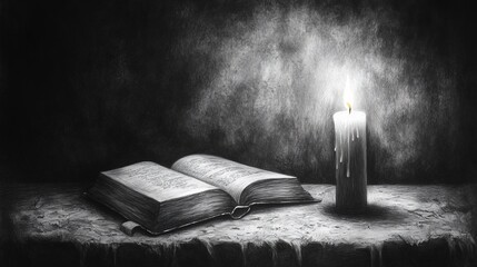 Illuminated open book with candle on a textured surface, shadows in darkness