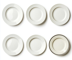 Six white ceramic plates with subtle variations arranged against a white background