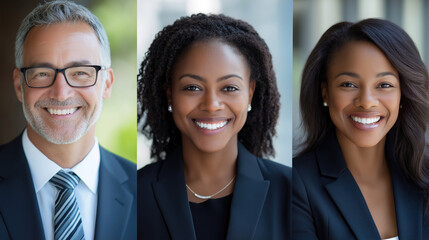 Smiling diverse professionals in suits, looking at the camera
