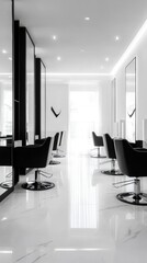 Modern minimalist hair salon with black and white design featuring clean lines and soft lighting in a spacious layout