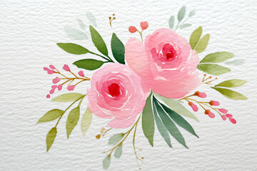 Delicate Watercolor Floral Bouquet Featuring Pink Roses and Green Leaves on Textured Paper