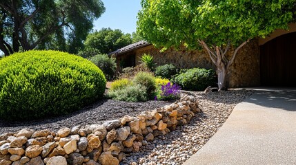 Landscaping with bushes and flowers adorns the stone house exterior with a pebbled walkway and rock wall under a sunny sky.