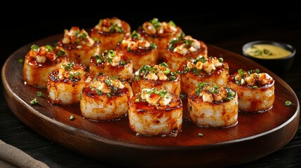 Appetizing rice rolls, glazed and garnished