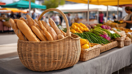 Freshly baked bread in a wicker basket at a farmer's market. Vegetables on display
