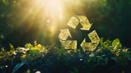 Glowing recycle symbol embedded in green nature with radiant sunlight filtering through