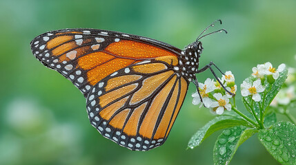 Monarch butterfly, orange and black, on white flowers, wet. Bokeh background
