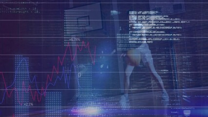 Female teenager dribbling basketball on court in gym, showing financial charts and scrolling code - Powered by Adobe