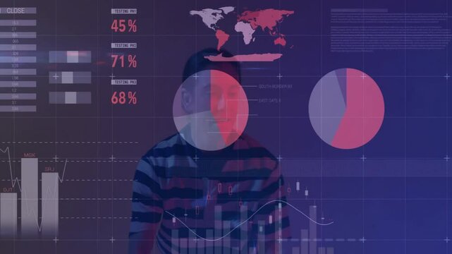 woman standing against dark purple backdrop, displaying holographic technology charts and data