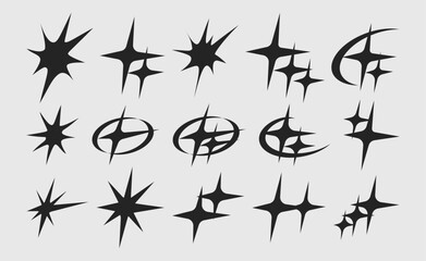 set of black silhouettes of sparkling stars y2k element design