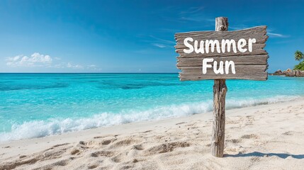 Tropical beach with turquoise water and wooden sign reading summer fun on white sand under clear blue sky