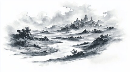 Ink wash landscape depicts a misty valley with a grand castle atop distant mountains