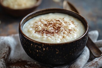 Creamy milk rice pudding served in a rustic bowl with a textured backdrop for a warm dessert experience, Bowl of creamy milk rice pudding with textured background