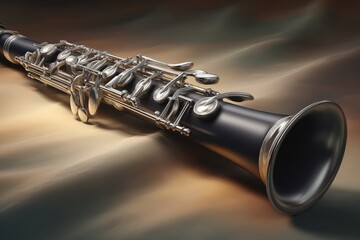 Intricate silver keys shine on a black clarinet against a soft textured background
