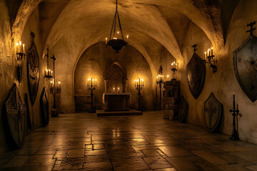 Mysterious medieval candlelit crypt with stone walls and shields