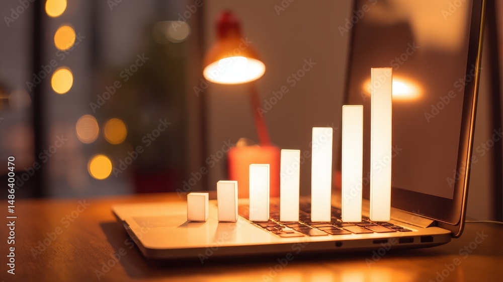 Aufkleber close-up shot of bar graph displayed on laptop screen with ambient lighting and warm bokeh effect